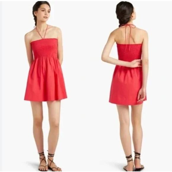 Hill House Dresses & Skirts - Hill House Roxie Nap Raspberry Red Cotton Smocked Tie Neck Mini Dress